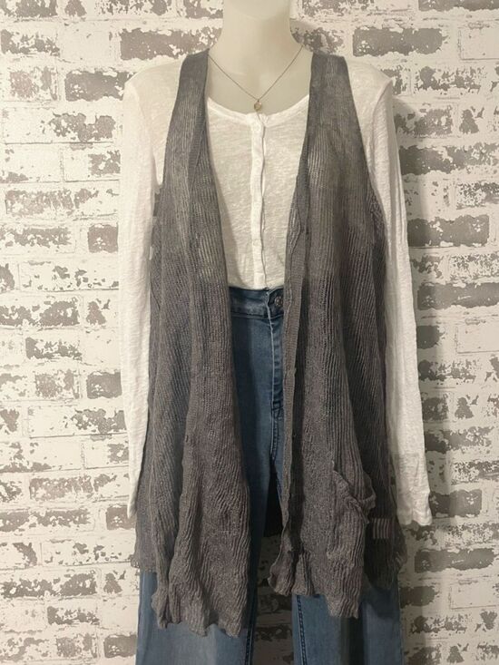 Eileen Fisher Sheer Linen Metallic Knit Vest XL Open Front Lightweight Layering - Picture 2 of 8